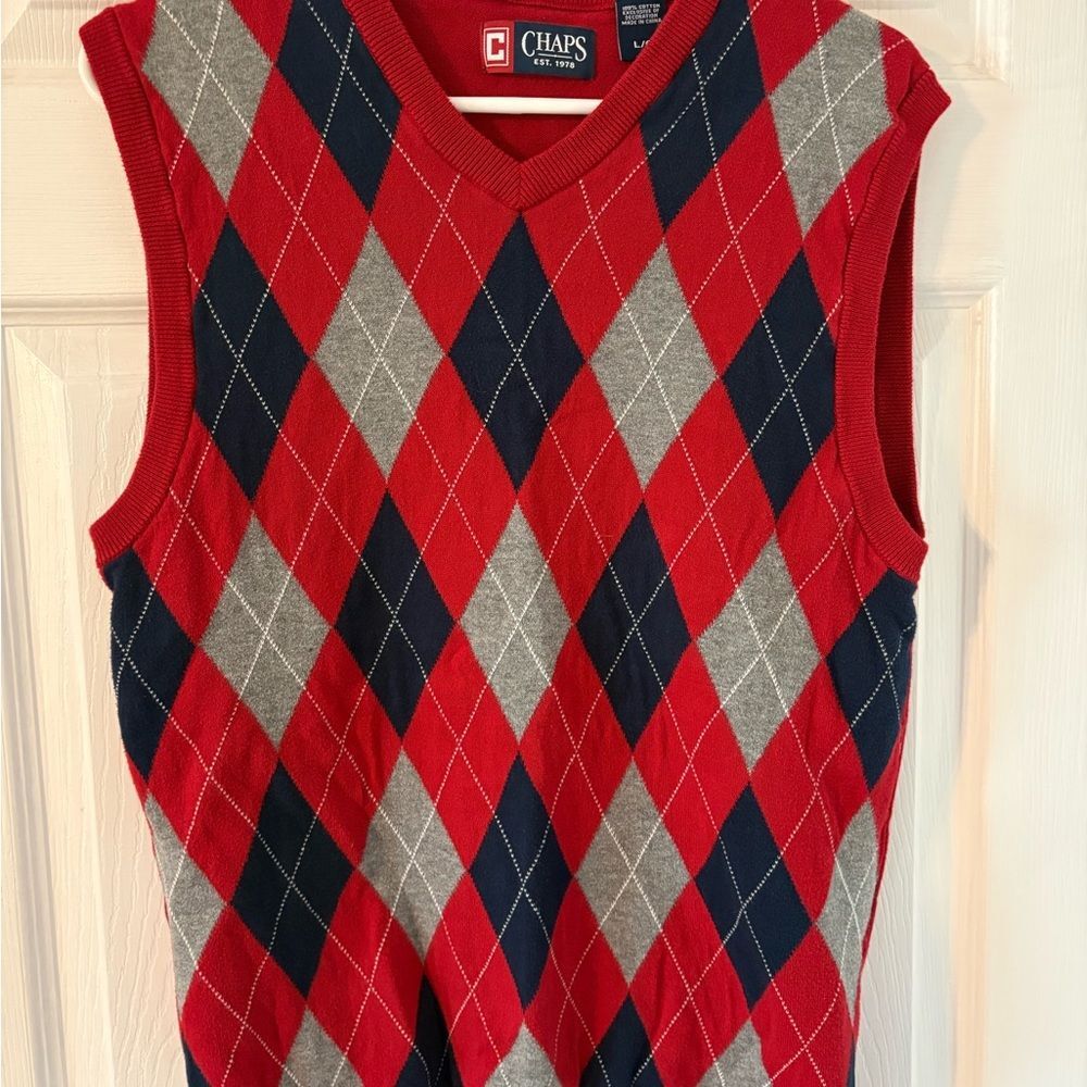 Chaps Argyle Sweater Vest Men’s Large Red Navy - Picture 6 of 6
